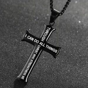 Black Christian Cross Necklace Philippians 4:13 Stainless Steel Faith Jewelry